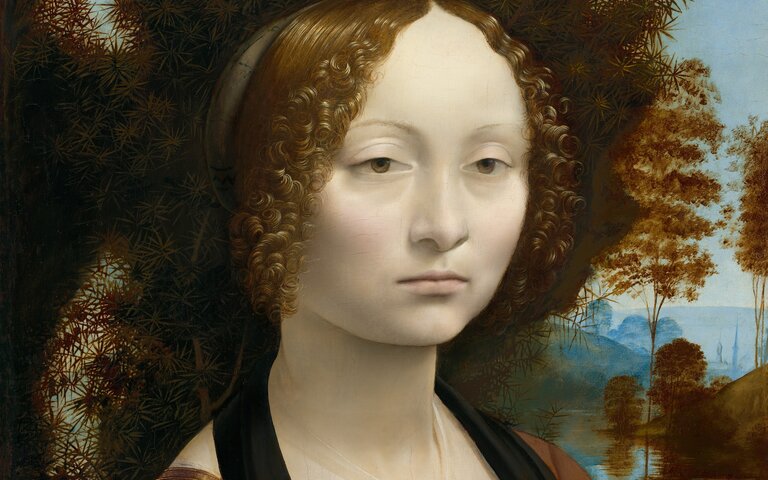 Porträt der Ginevra de’ Benci (1474–1478) von Leonardo da Vinci in der National Gallery of Art; es zeigt eine junge Frau der Florentiner Oberschicht mit distanziertem Gesichtsausdruck kurz vor ihrer Hochzeit. | © National Gallery of Art, Washington