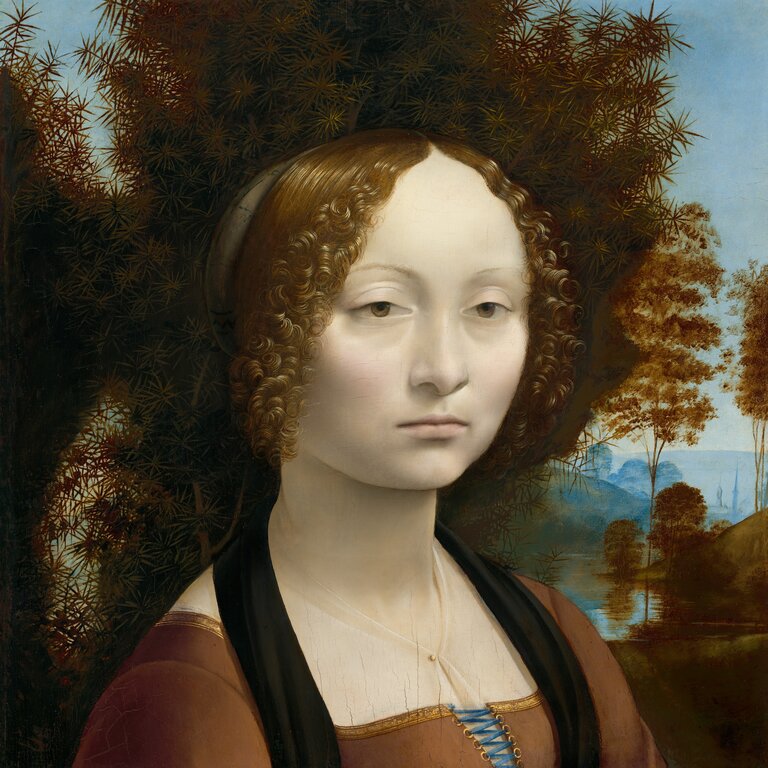 Porträt der Ginevra de’ Benci (1474–1478) von Leonardo da Vinci in der National Gallery of Art; es zeigt eine junge Frau der Florentiner Oberschicht mit distanziertem Gesichtsausdruck kurz vor ihrer Hochzeit. | © National Gallery of Art, Washington