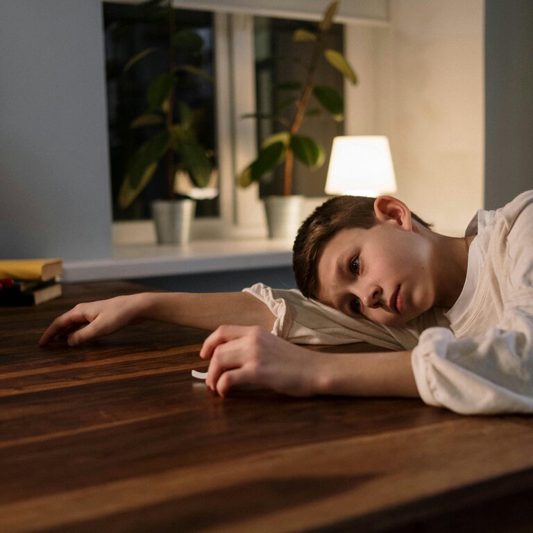 Kind, weißes Hemd, legt kopf traurig auf den Tisch, blickt neutral in die Ferne.  | © Cottonbro | Pexels