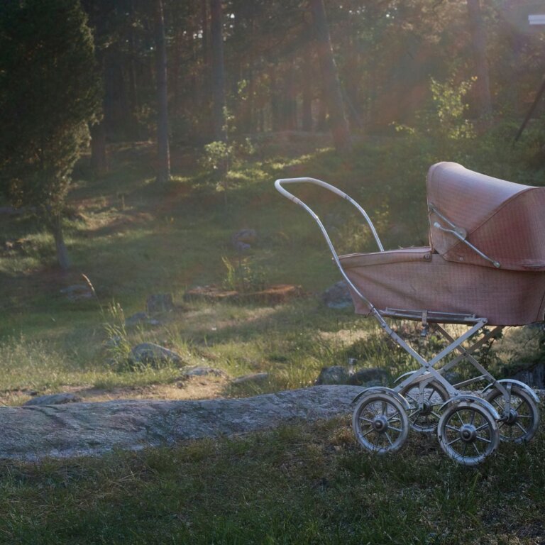 Ein rosa Kinderwagen vor einem roten Haus im Wald | © unsplash/lagermannen