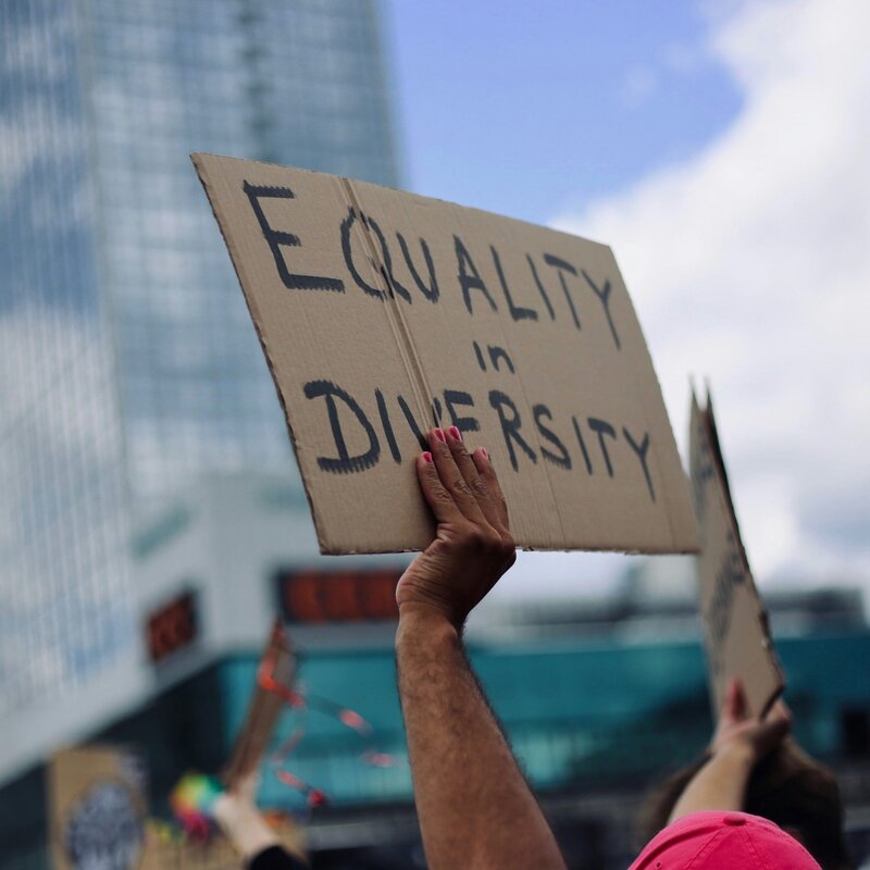Equality in Diversity steht auf dem Schild, das ein*e Demonstrationsteilnehmer*in in die Luft hält. | © Foto: Amy Elting | Unsplash