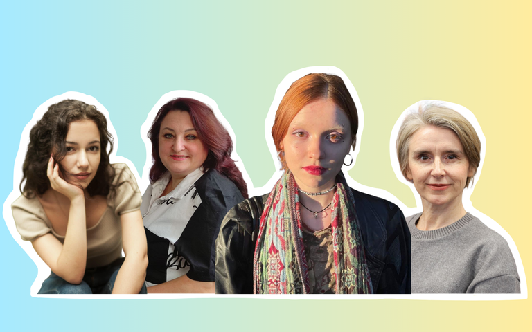 Collage von vier ukrainischen Frauen vor gelb-blauem Hintergrund, die EDITION F über ihr Leben seit Kriegsausbruch berichtet haben. | © Fotos: privat | Collage: Marta Zamira Ahmedov 