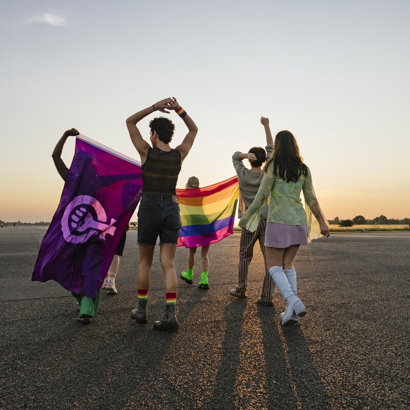 Vier Menschen mit dem Rücken zur Kamera gewandt vor einem Sonnenuntergang. Eine Person hält eine Regenbogenflagge und eine andere hält eine Feminismus-Flagge, | © Janina Steinmetz | gettyimages