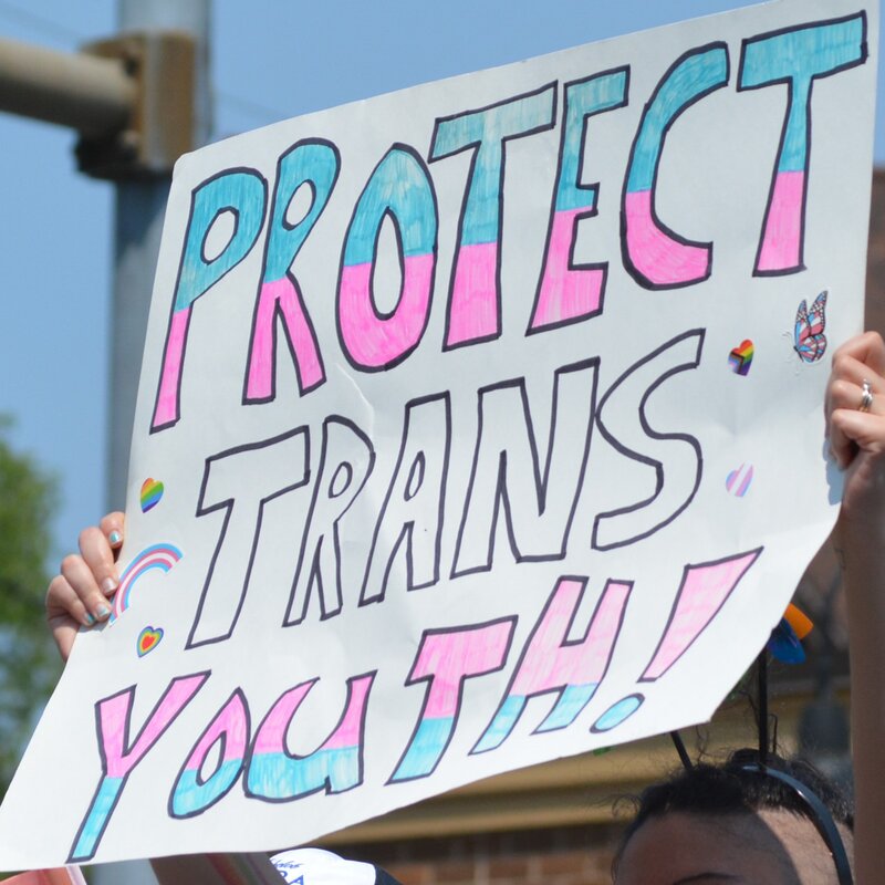Ein Protestschild mit der Aufschrift "PROTECT TRANS YOUTH!" in blau, pink und weiß. | © Foto: vivalapenler | getty images