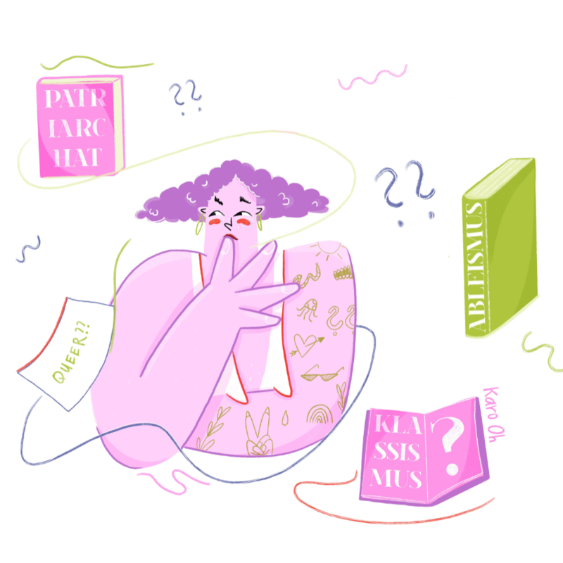 Die Illustration zeigt eine Person, die nachdenklich zur Seite blickt. Um sie herum schweben Bücher und Fragezeichen durch die Luft. Auf den Buchrücken sind Wörter wie "Klassismus", "Patriarchat", "Queer" zu lesen. | © Illustration: Karo Oh | EDITION F
