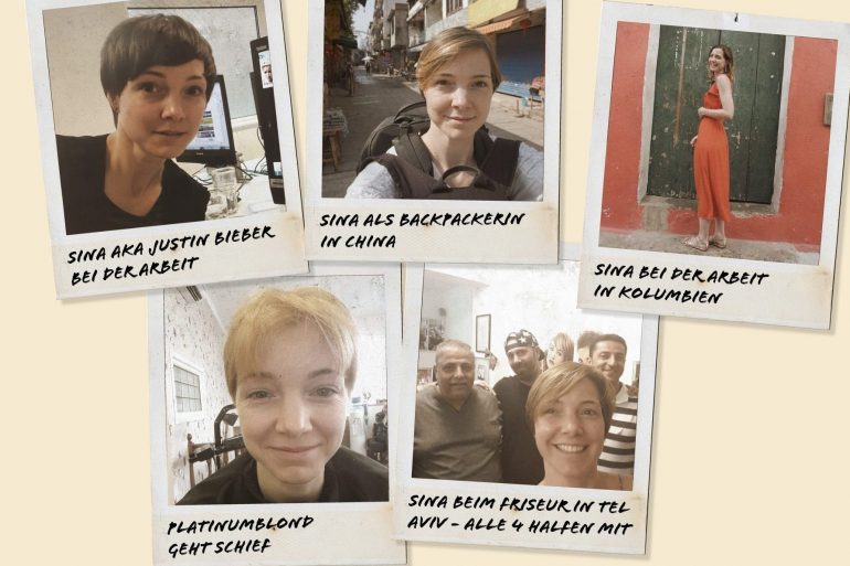 Sina auf fünf unterschiedlichen Polaroids mit unterschiedlichen Frisuren, Kurzhaar und Langhaar