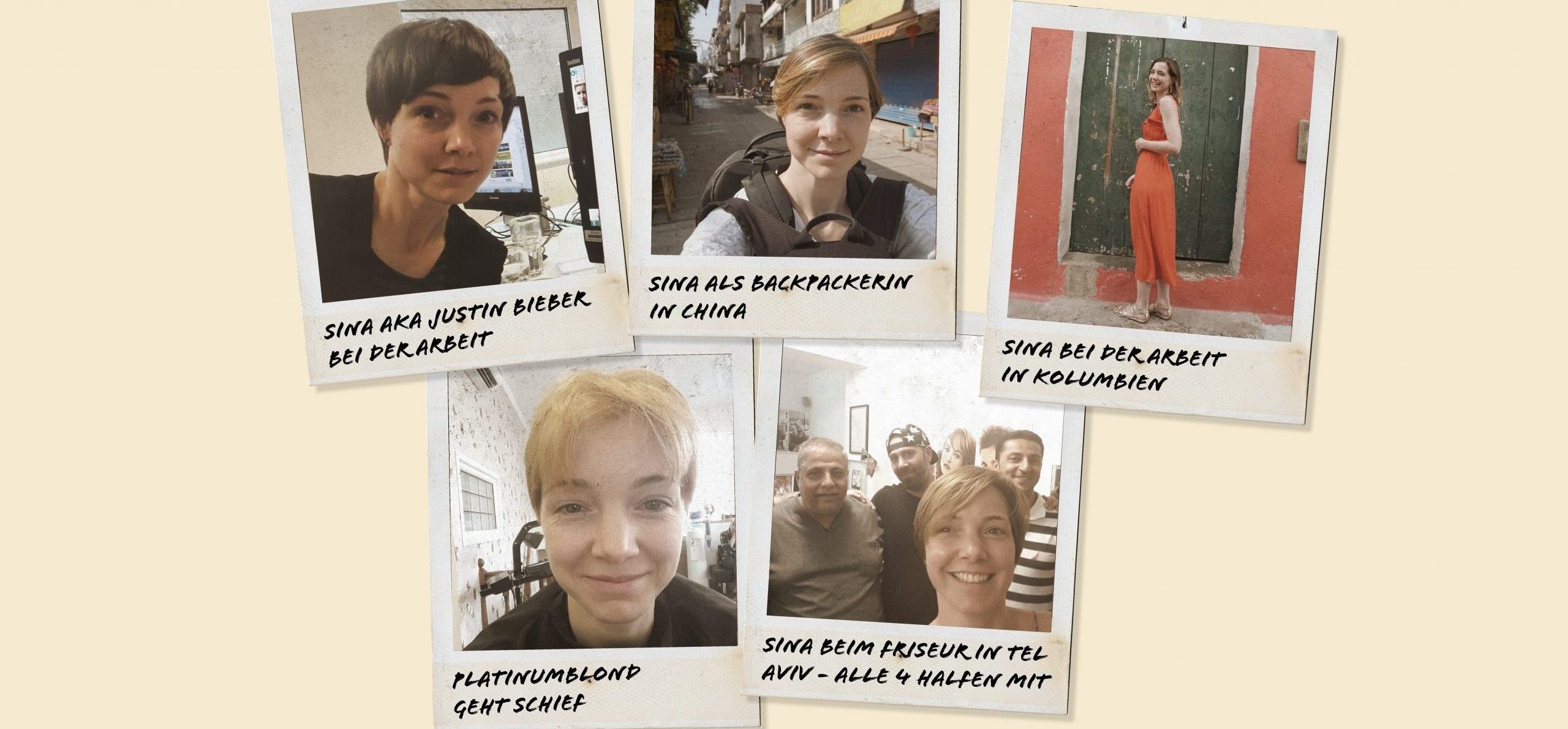 Sina auf fünf unterschiedlichen Polaroids mit unterschiedlichen Frisuren, Kurzhaar und Langhaar