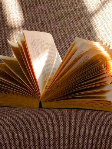 Ein Buch liegt aufgeschlagen auf einem Sofa in der Sonne.