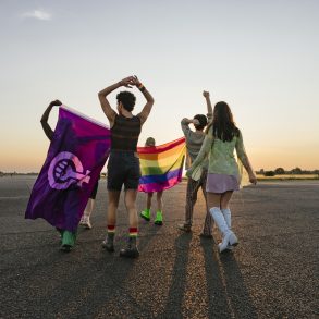 Vier Menschen mit dem Rücken zur Kamera gewandt vor einem Sonnenuntergang. Eine Person hält eine Regenbogenflagge und eine andere hält eine Feminismus-Flagge,